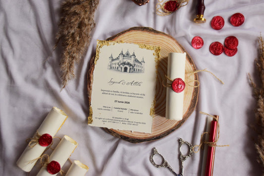 Invitatie Nunta rulata cu sigiliu si foita aurie - Model N280