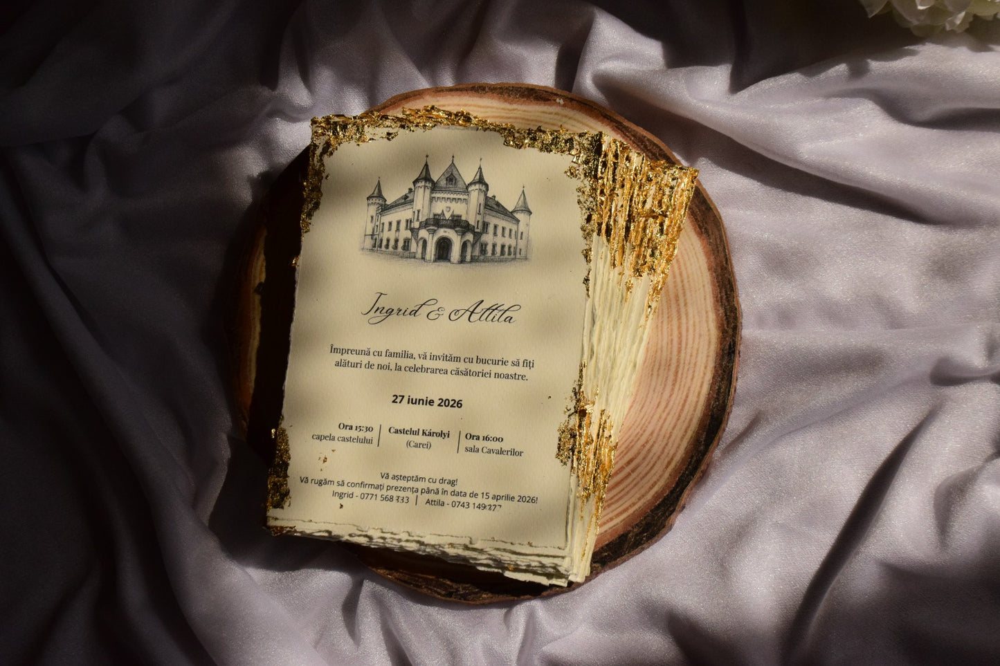 Invitatie Nunta rulata cu sigiliu si foita aurie - Model N280